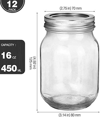 KAMOTA 16 oz Mason Jars with Lids, Bands, & Labels for Meal Prep & More (12 Pack)