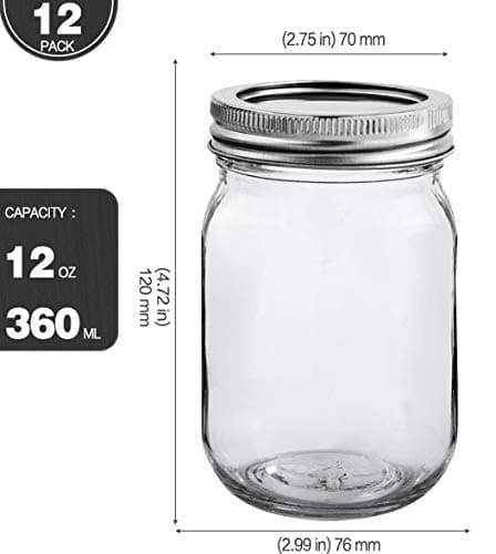 KAMOTA 12 oz Mason Jars with Lids & Bands, 12 Pack + 20 Whiteboard Labels