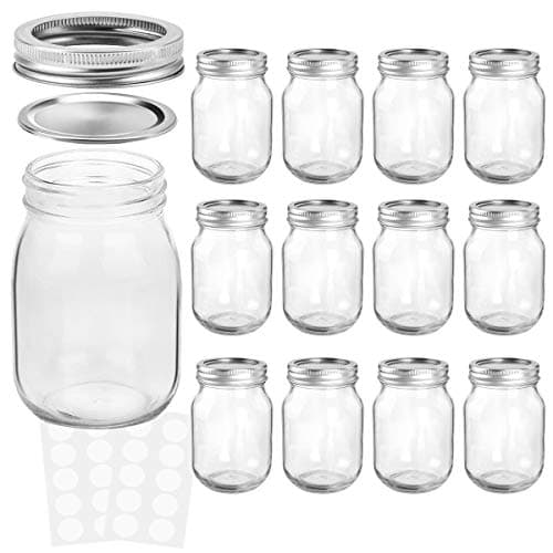 KAMOTA 12 oz Mason Jars with Lids & Bands, 12 Pack + 20 Whiteboard Labels