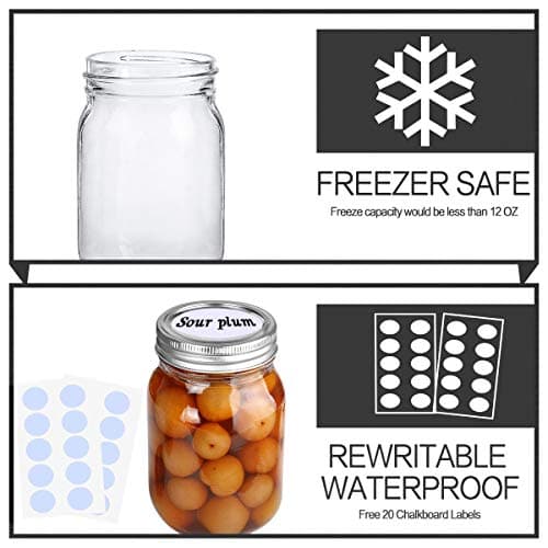 KAMOTA 12 oz Mason Jars with Lids & Bands, 12 Pack + 20 Whiteboard Labels