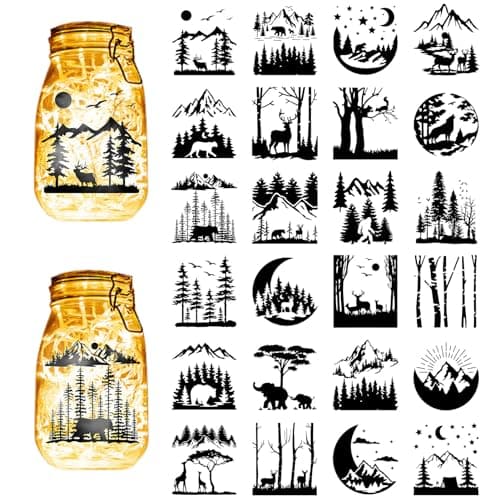 CREATCABIN Fairy Silhouettes Mason Jar Decor Ornaments for Frosted Glass — Forest Mountain Animals