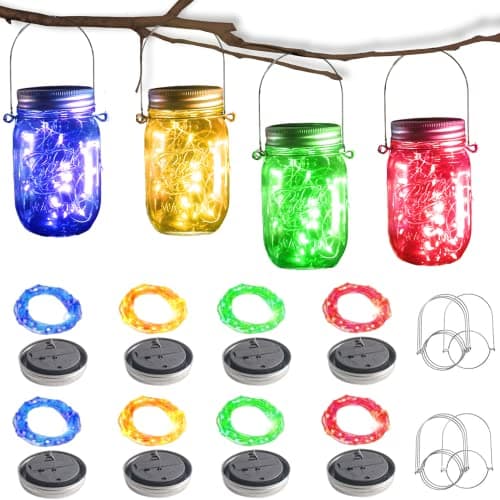 8 Pack Solar Mason Jar Lights 20 LED Warm White Yard Garden WeddingDecoration — Multicolor
