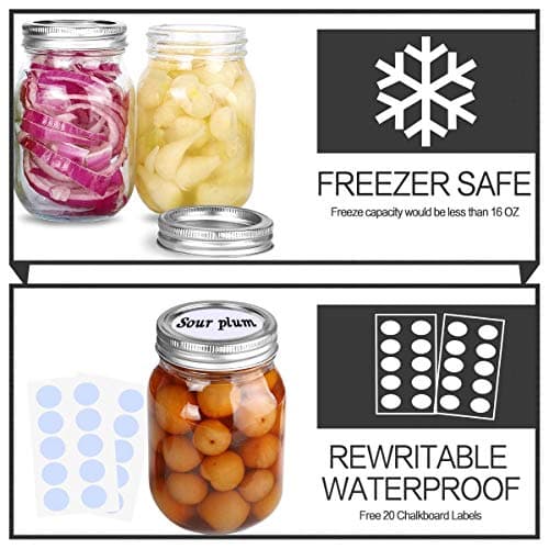 KAMOTA 16 oz Mason Jars with Lids, Bands, & Labels for Meal Prep & More (12 Pack)