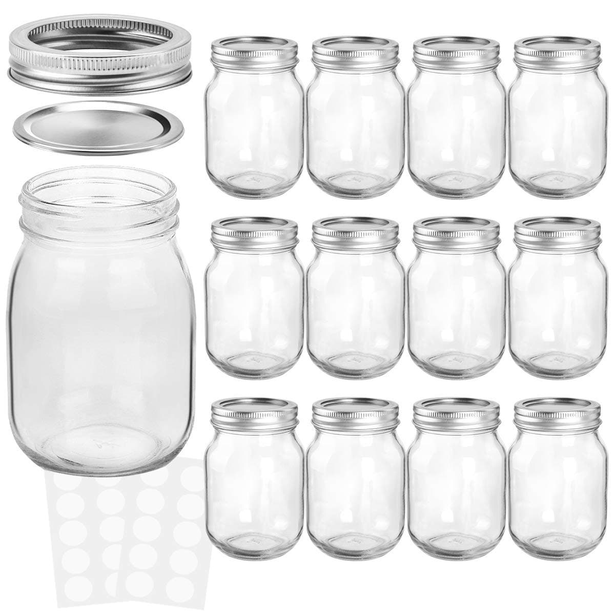 KAMOTA 16 oz Mason Jars with Lids, Bands, & Labels for Meal Prep & More (12 Pack)