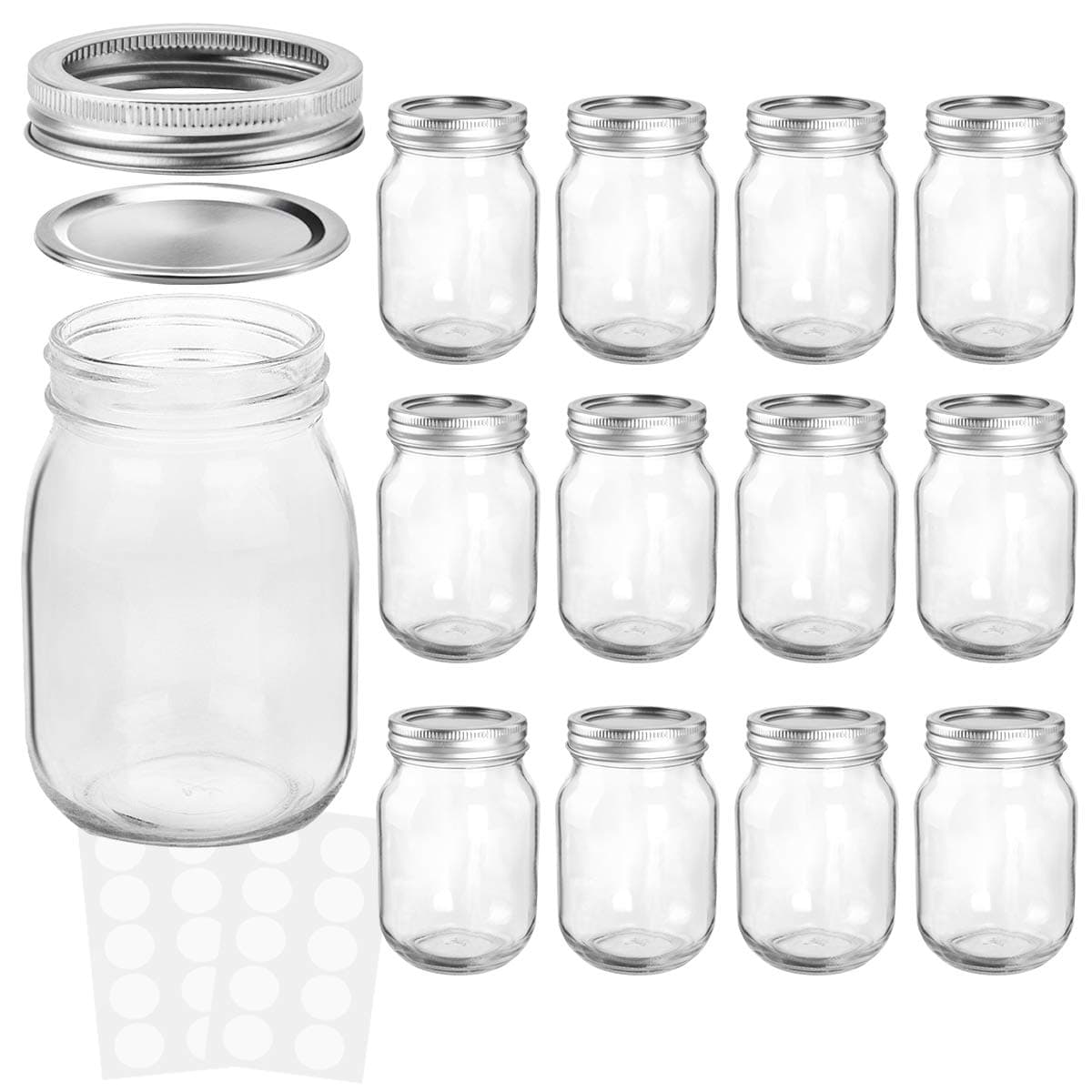 KAMOTA 12 oz Mason Jars with Lids & Bands, 12 Pack + 20 Whiteboard Labels