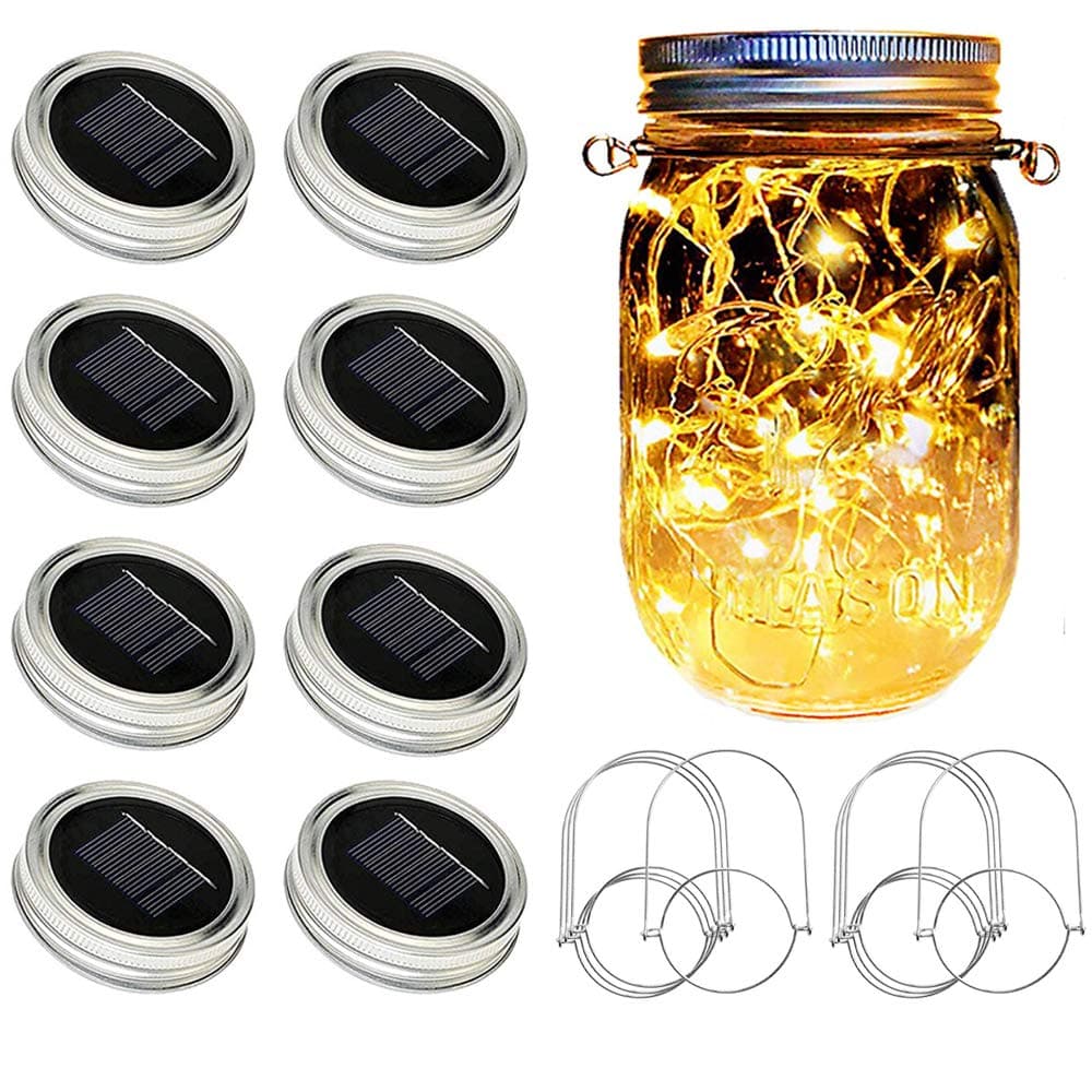 8 Pack Solar Mason Jar Lights 20 LED Warm White Yard Garden WeddingDecoration